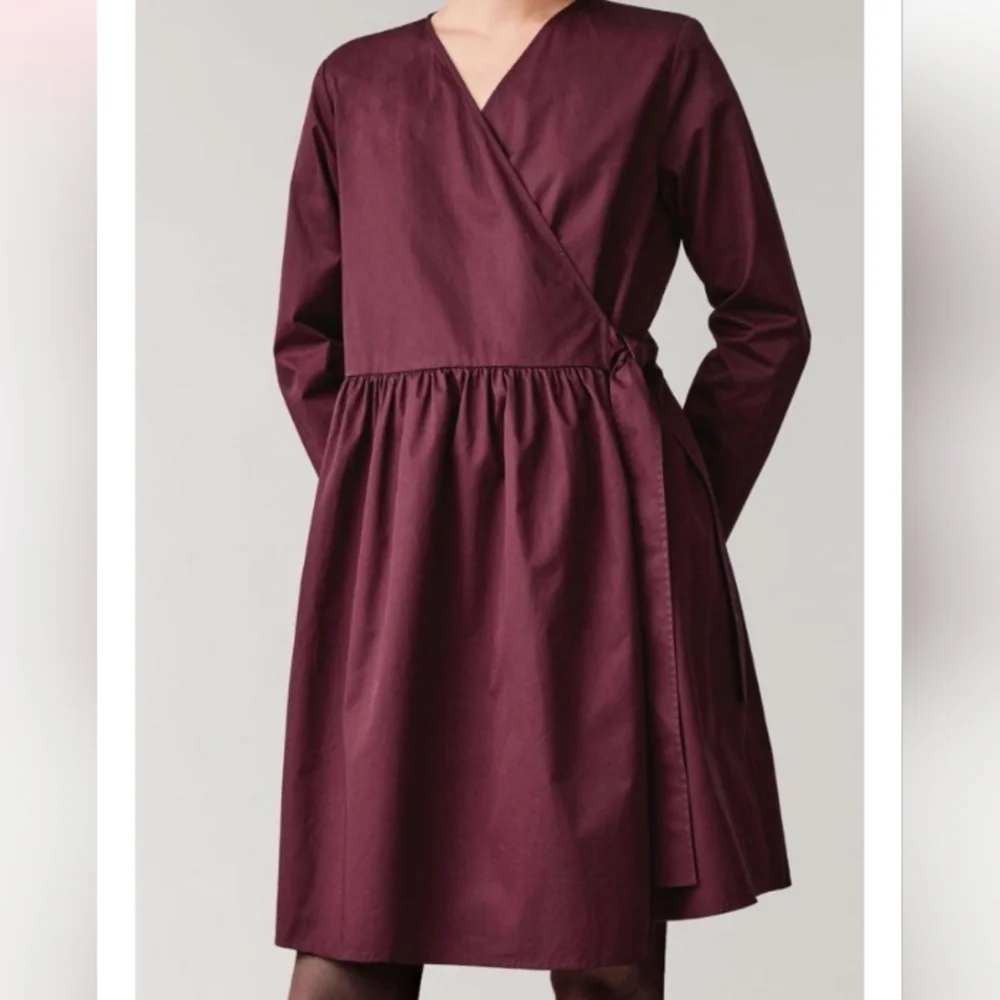COS Wrap Dress Womens 12 Burgundy Long Sleeve Cotton Poplin V-Neck Midi